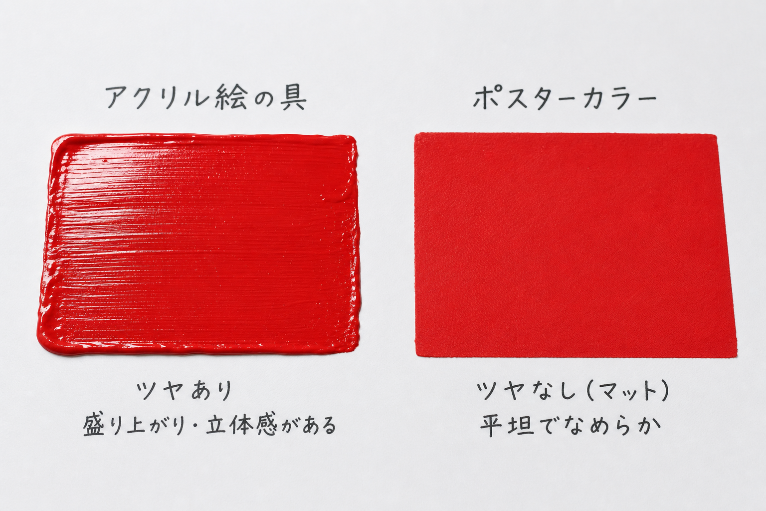 白い画用紙の上に同じ赤色のアクリル絵の具とポスターカラーを並べて塗り、乾燥後の質感差を比較する写真風イラスト。左側はツヤのある盛り上がった質感、右側はマットで平坦な質感が対比的にわかる構図