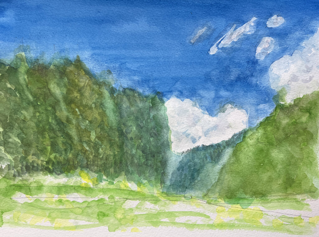 半夏生のある谷の水彩画