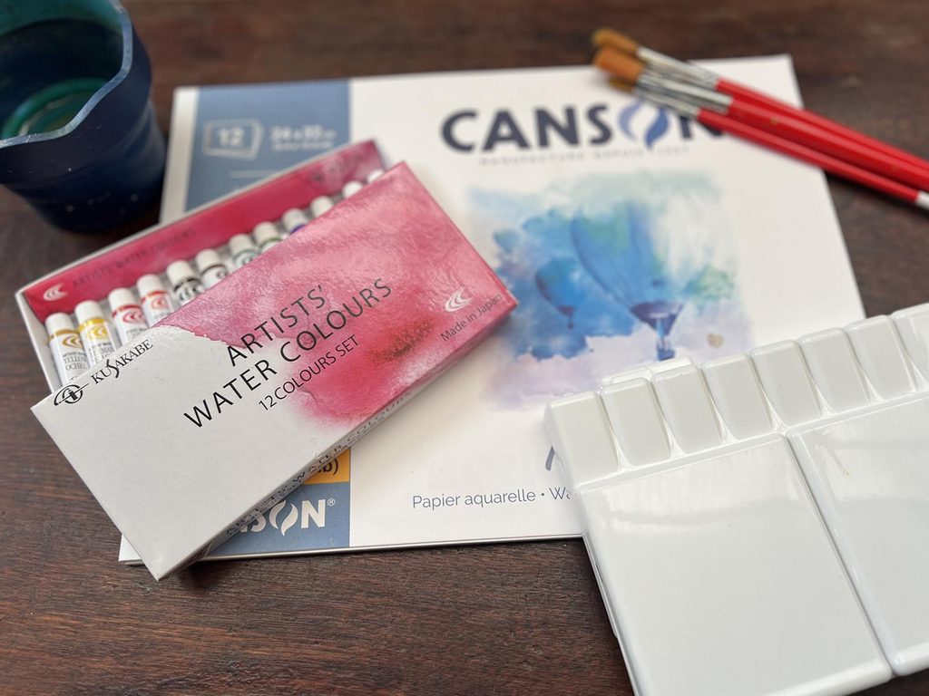 CANSON、クサカベ専門家透明水彩絵の具、ターレンス・ヴァンゴッホ筆と水入れ