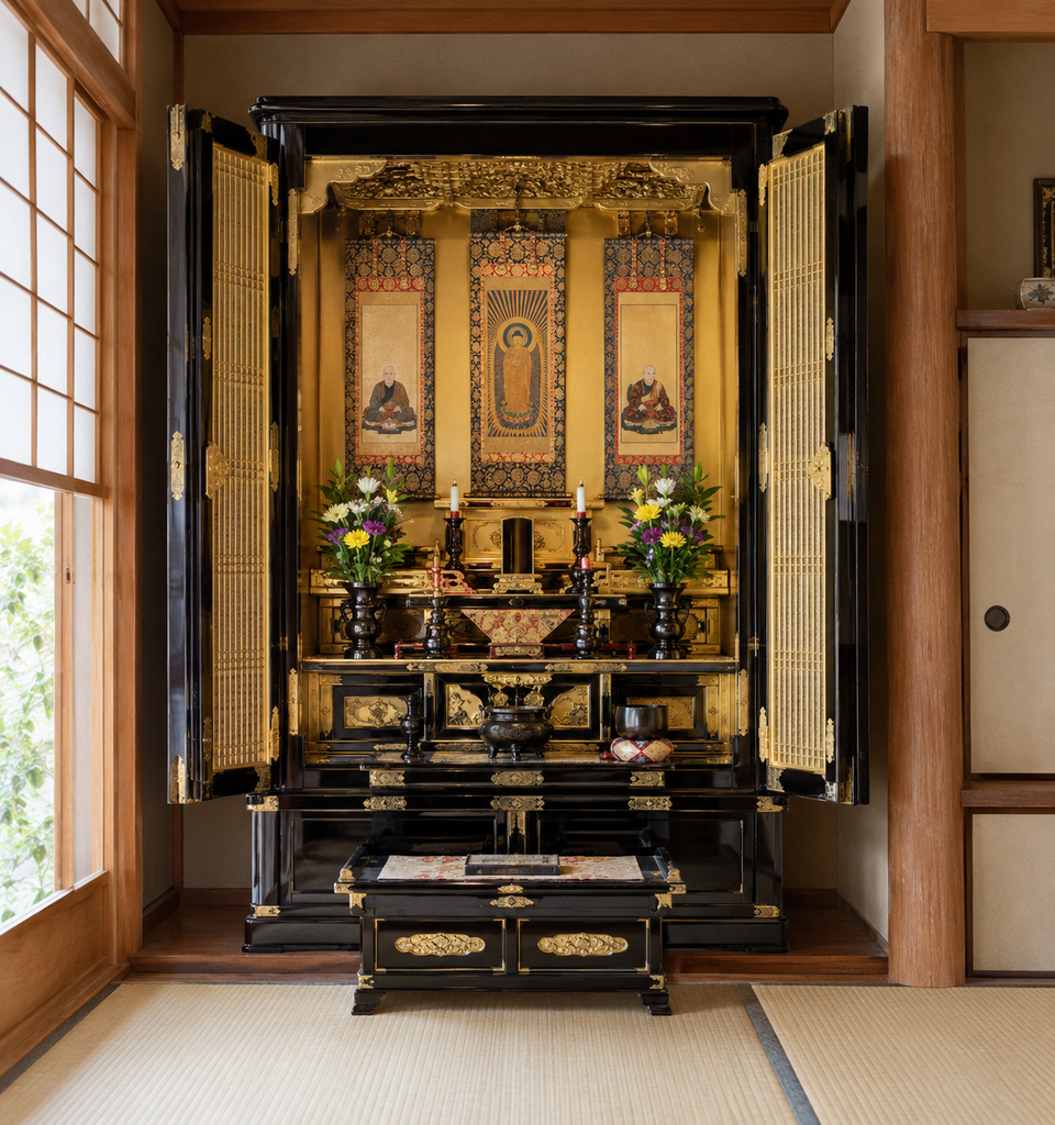 浄土真宗本願寺派(お西)の仏壇として、中央に阿弥陀如来、向かって右に親鸞聖人、向かって左に蓮如上人の三幅の掛け軸を飾る